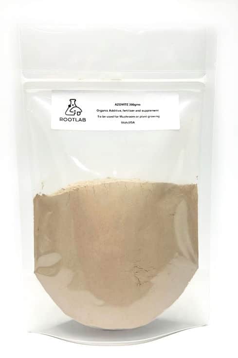 Azomite- Supplement for mushroom growing 2 A clear pouch filled with light brown powder labelled as organic azomite fertiliser and supplement.