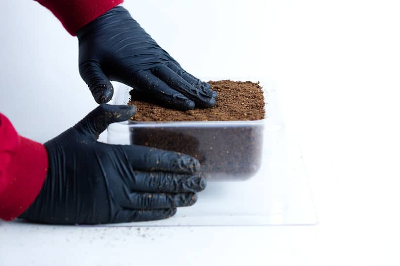 Mycelium Mold Growth Form - Plant pot Heavy Duty (Reusable) 5 Hands in black gloves pressing soil into a clear plastic container on a white surface, preparing it for the Mycelium Mould Growth Form – Plant Pot Heavy Duty (Reusable).