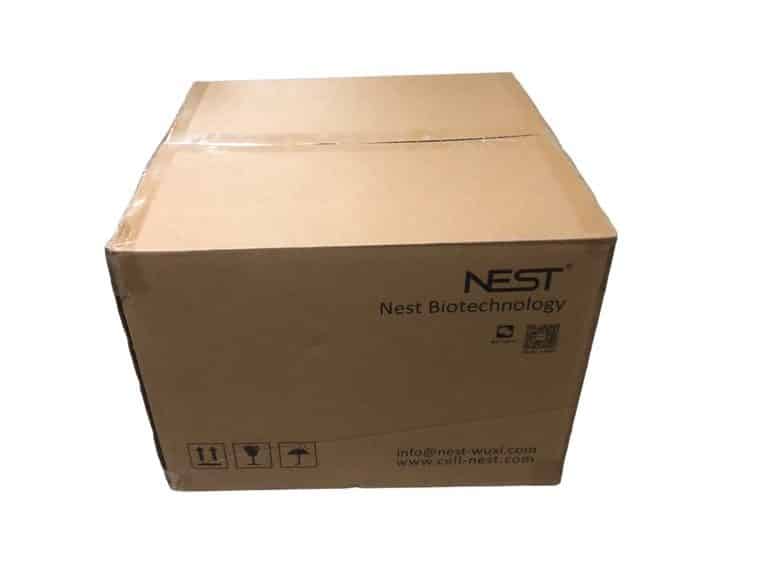 500X Petri dish, 90mm, 3 vents, sterile, gamma radiated 1 A closed cardboard shipping box labelled Nest Biotechnology with contact info and handling symbols.