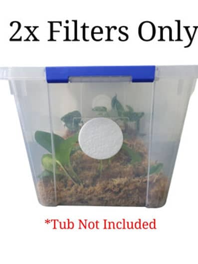 Monotub air filters for Mushroom and plants growing set of 2 2 Monotub air filters for mushroom and plant growing, set of 2 white round filters shown on a clear plastic tub with plants. Text: Tub Not Included.