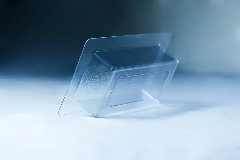 Mycelium Mold Growth form -Brick (Reusable) 2 A clear plastic blister pack for the Mycelium Mould Growth form - Brick (Reusable) is angled on a light blue surface.