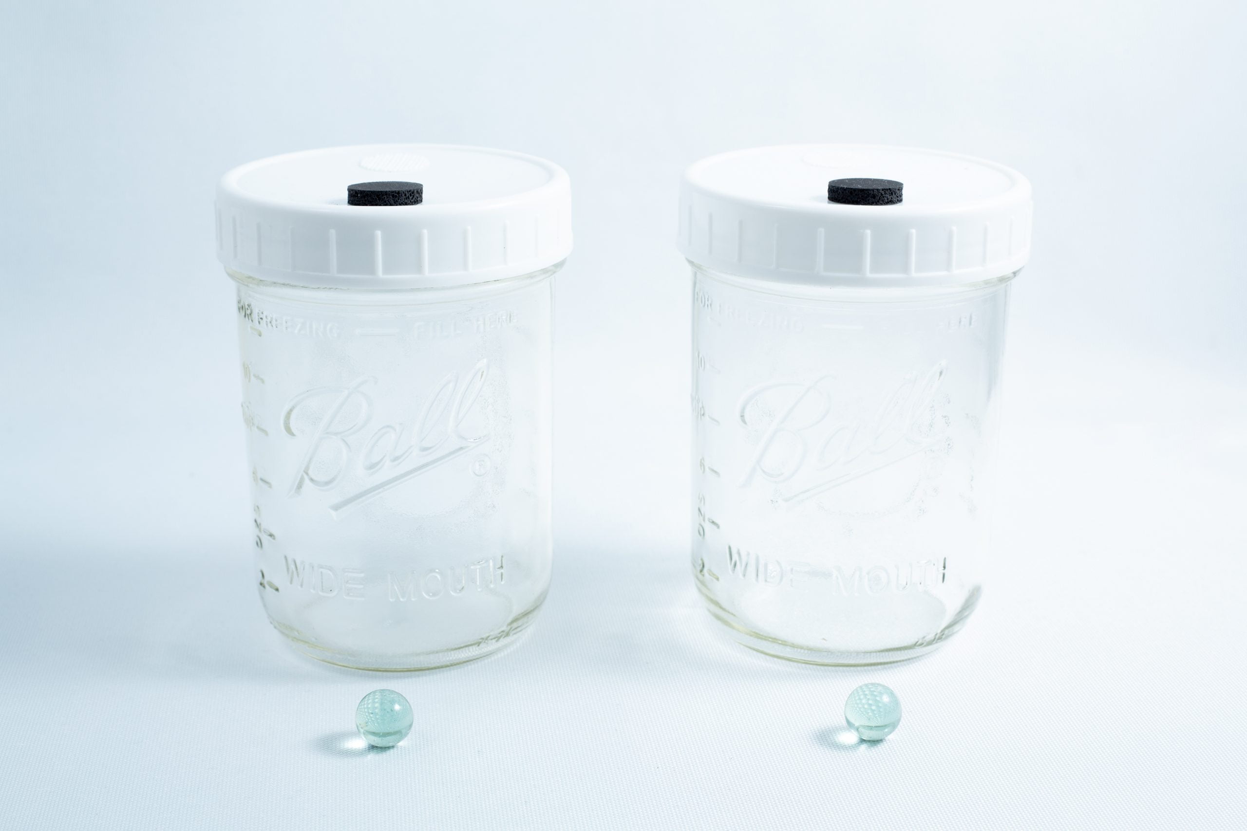 Mason jars for Liquid culture and PF TEK 2 x 473ml Wide mouth 2 Two empty Mycology Ball Mason jars with injection ports and air vents, 1L genuine autoclavable, sit side by side, green marbles in front on a clean white background.