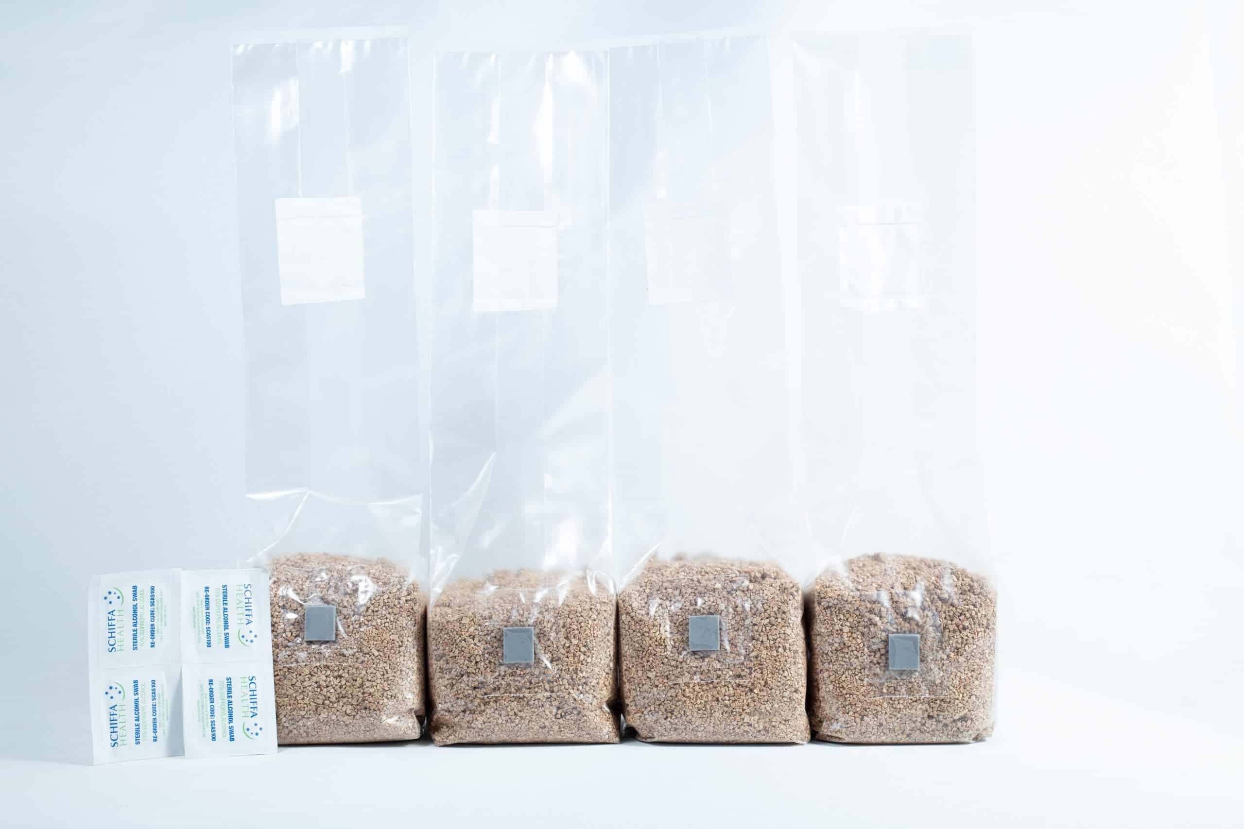 Organic Brown Rice Flour BRF bags 4X 500g PF Tek 1 Three 1kg Organic Brown Rice Flour (BRF) & Vermiculite bags for PF Tek cultivation are arranged in a row on a white background—ideal for easy mushroom growing.