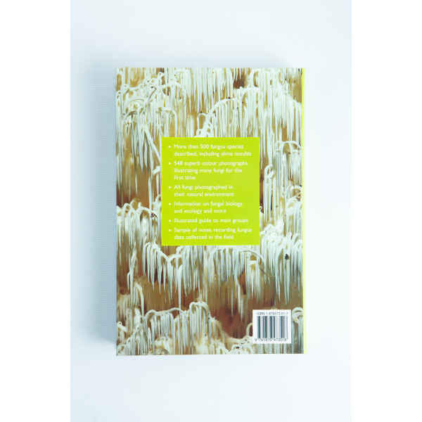Back cover of "A Field Guide to Australian Fungi Book by Bruce Fuhrer," featuring a photo of white fungi and a green box with yellow text highlighting key features—a must-have for mycology enthusiasts and those seeking an Australian fungi field guide.