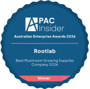 Blue award badge for Rootlab, winner of Best Mushroom Growing Supplies Company, Australian Enterprise Awards 2026.