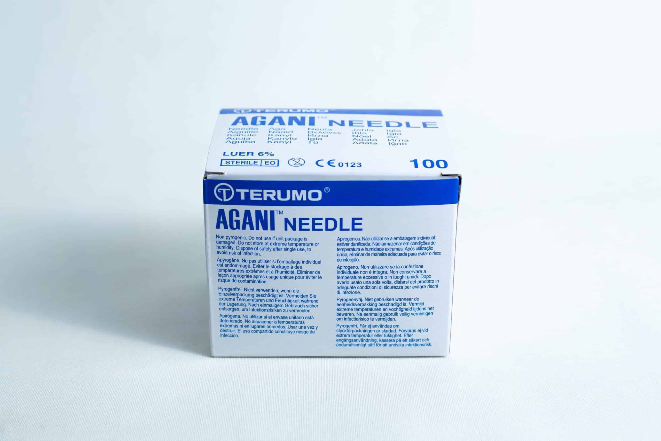 Sterile 18G hypodermic needles whole box 100pcs 6 A box of sterile 18G hypodermic needles, whole box of 100pcs, featuring product details and blue text on a white background.