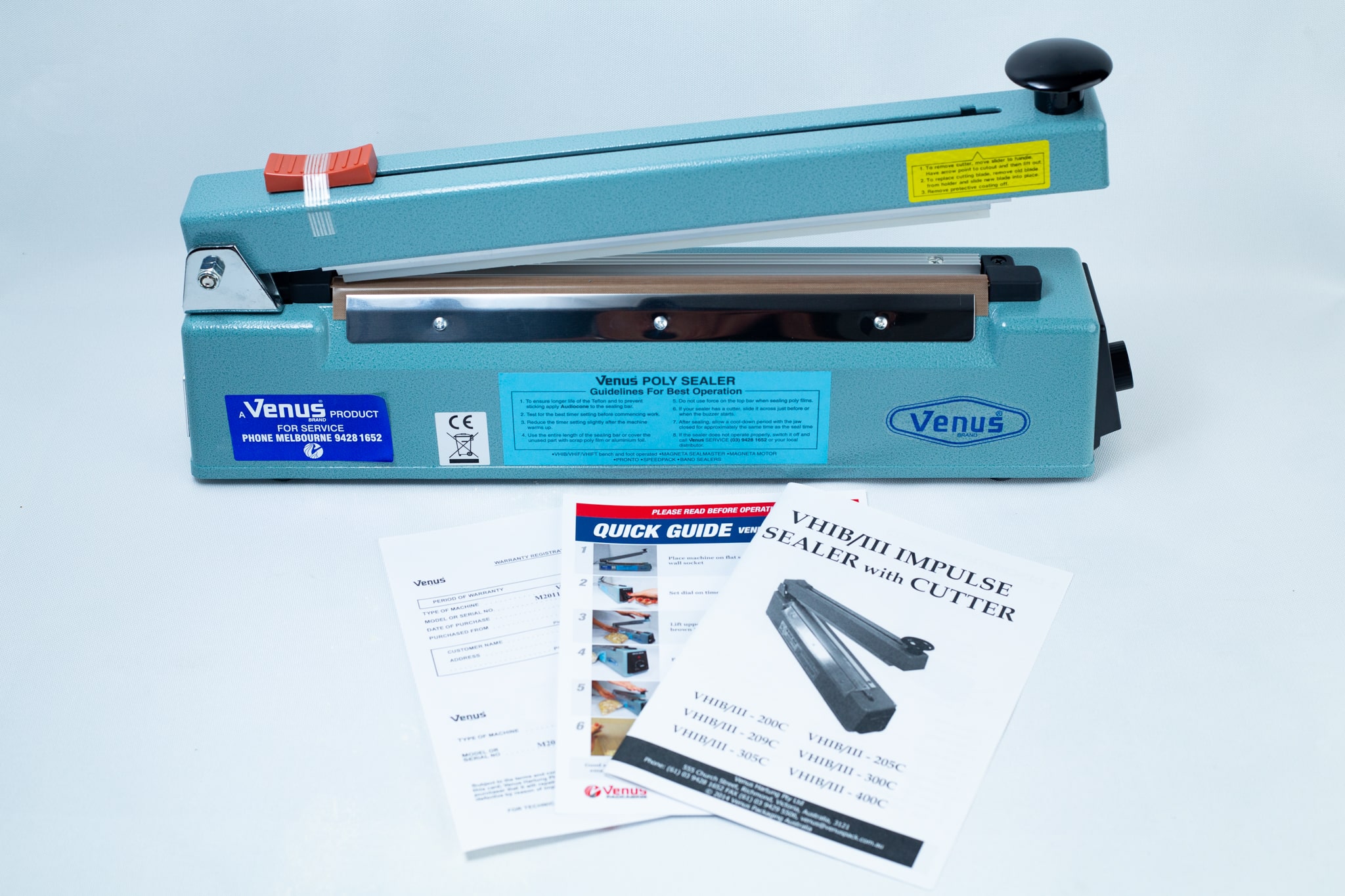Heat Sealer 30cm Seal Width 5mm with cutter 2 Heat Sealer 30cm Seal Width 5mm with cutter, shown together with instruction manuals and quick guide sheets for easy set-up.