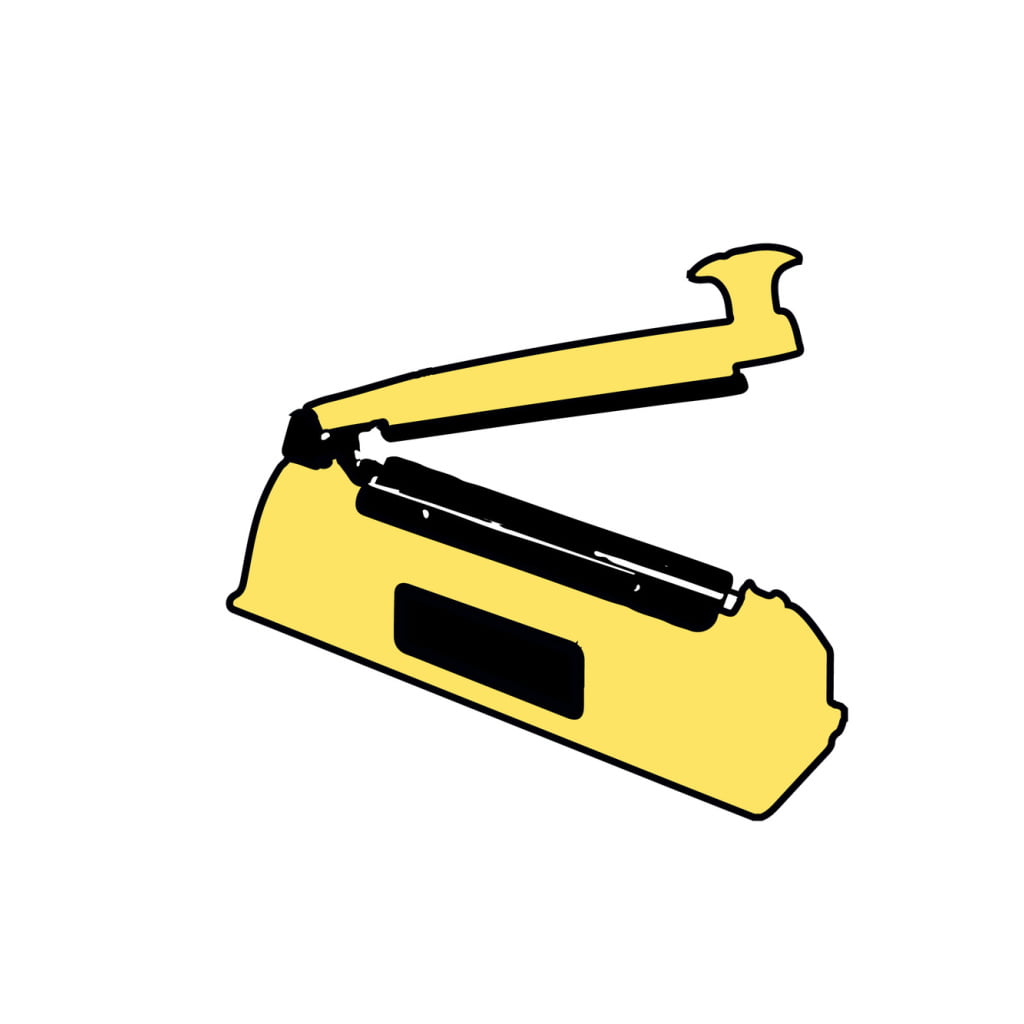 Yellow impulse heat sealer with an open arm, used for sealing plastic bags, on a white background.