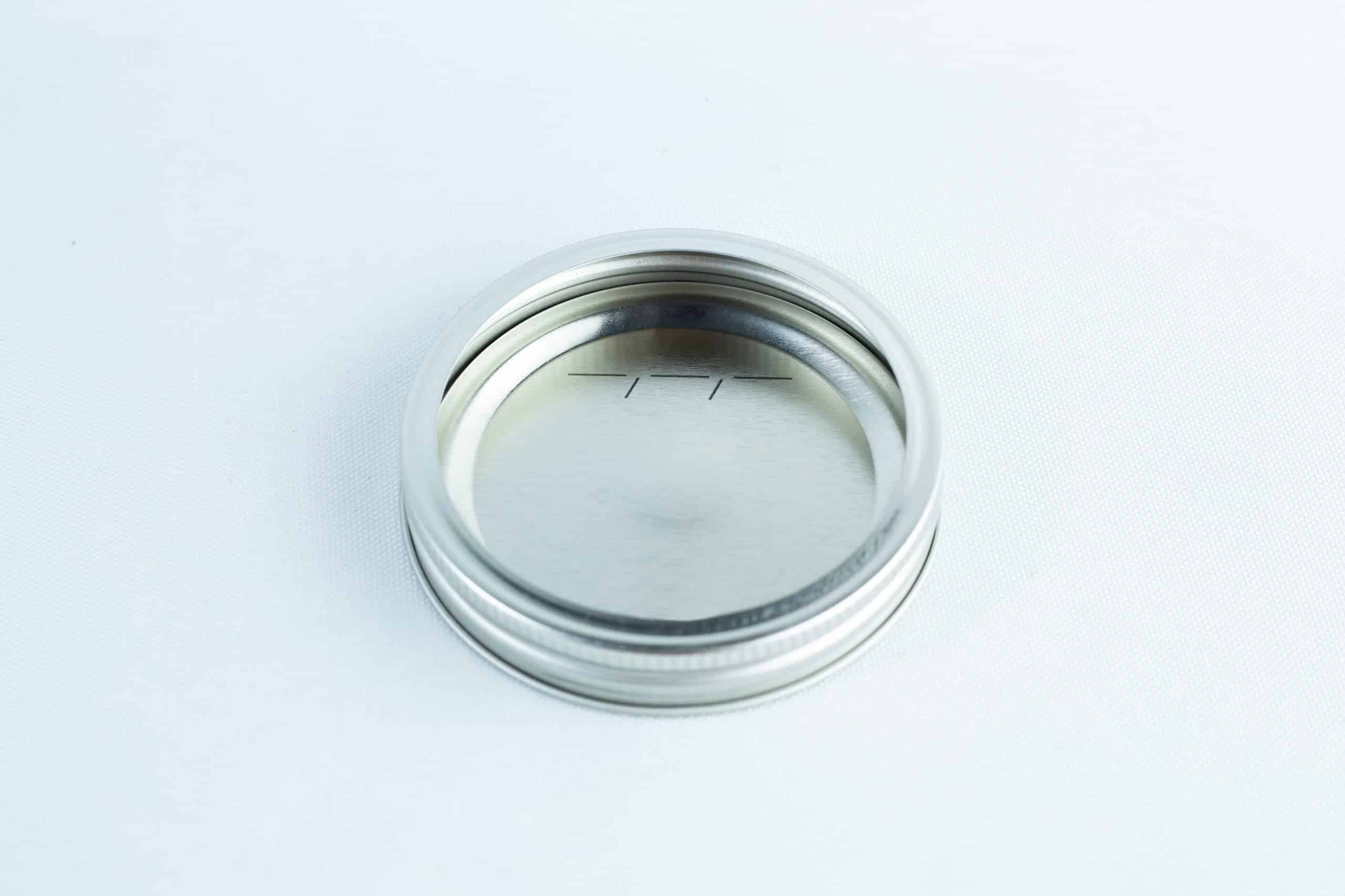 Metal lid and band set for wide mouth mason jar | 86mm 3 The Self-healing injection port & Air Vent Filter-3M is a silver metal canning jar lid ring with an injection port and air vent filter, shown from above on a white background.
