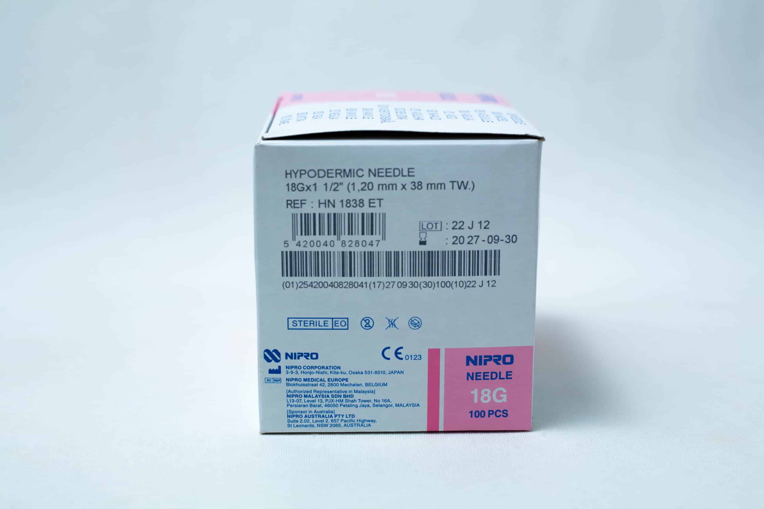 Sterile 18G hypodermic needles whole box 100pcs 4 Sterile 18G hypodermic needles whole box 100pcs, with product details and barcodes visible—perfect choice for anyone needing reliable 18G needle options.