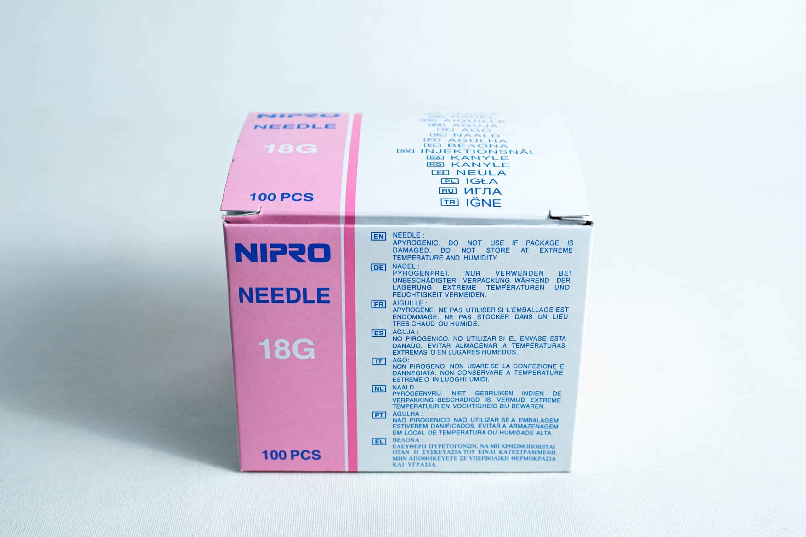 Sterile 18G hypodermic needles whole box 100pcs 1 Sterile 18G hypodermic needles whole box 100pcs—features blue and pink labelling on white. Buy now for reliable, precise use.