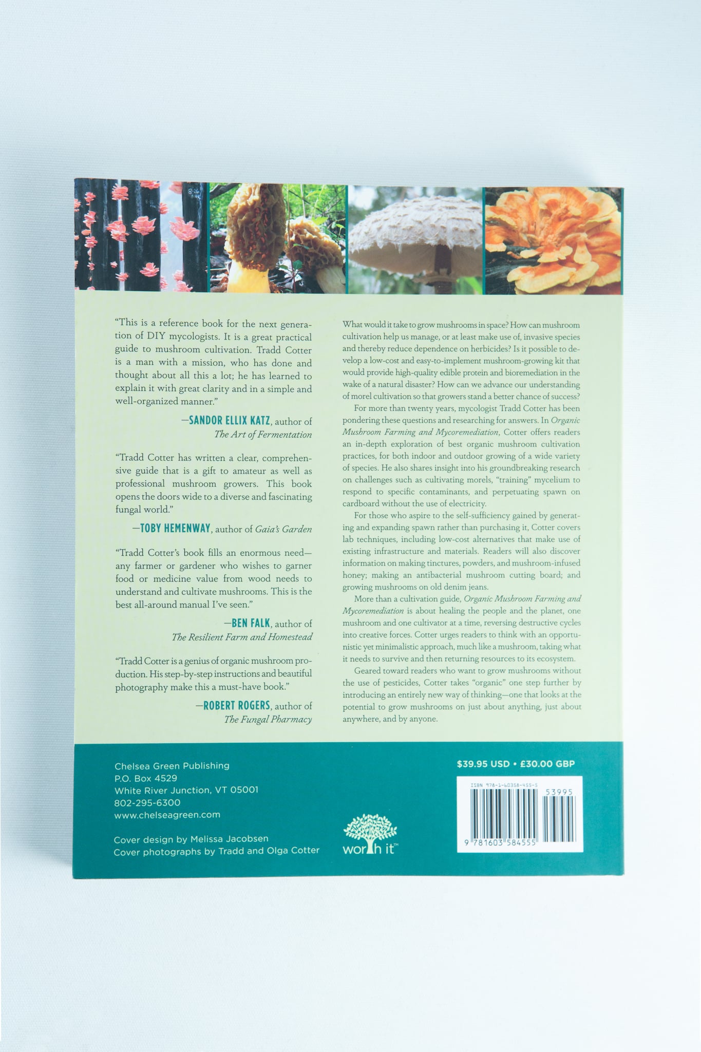 Organic Mushroom Farming and Mycoremediation:Book by Tradd Cotter 2 The back cover of Organic Mushroom Farming and Mycoremediation: Book by Tradd Cotter showcases striking mushroom photos, text reviews, and publisher info—ideal for mushroom enthusiasts and fans of Tradd Cotter’s work.