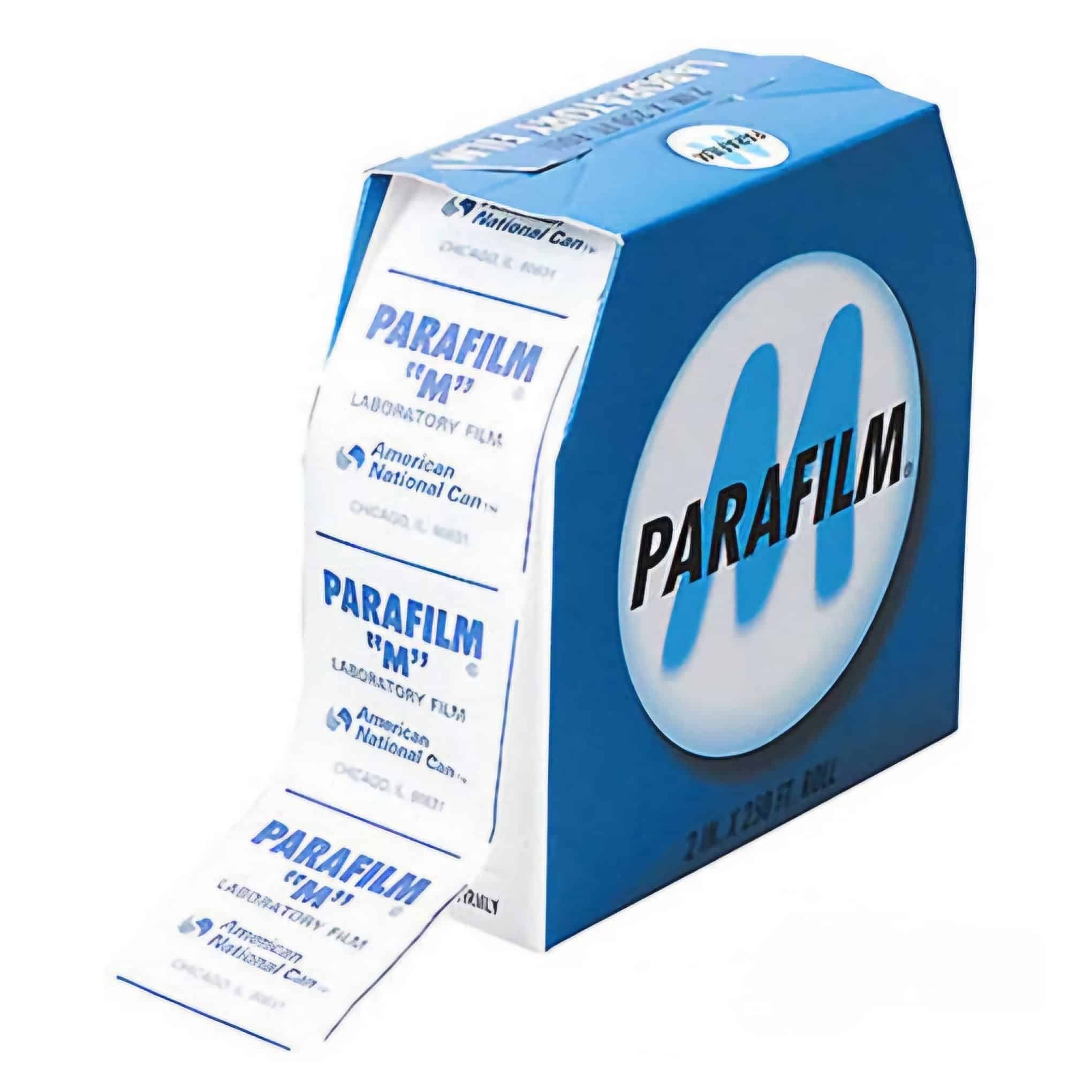 Parafilm Lab sealing film 8 A box of Parafilm Lab sealing film with a partially unrolled strip of sealing film extending from the dispenser.