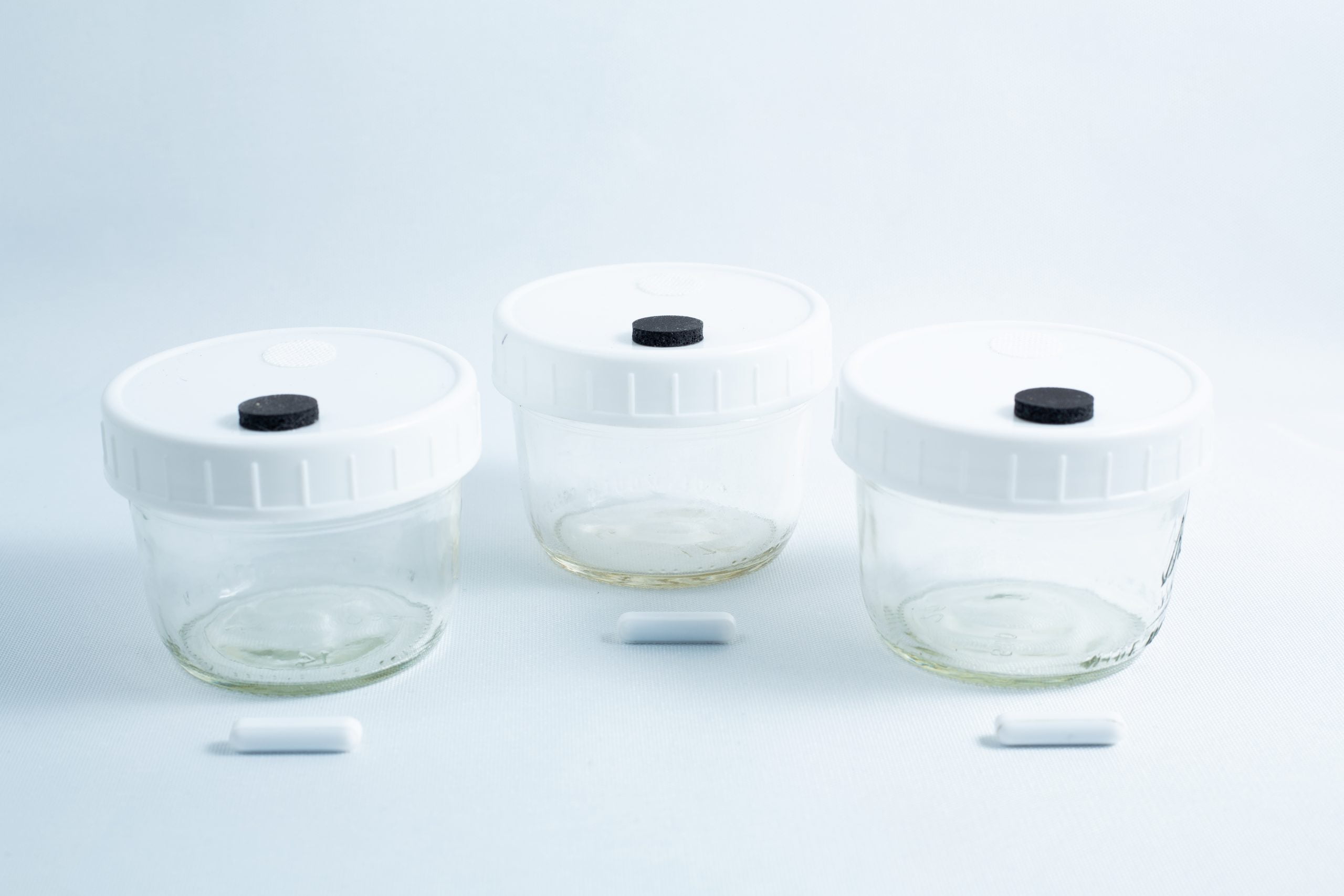 Mason jars with injection port and air vent 3x240ml 2 Three Mycology Ball mason jars 1L with injection port, air vent, and black knob lids are arranged in a row on a white surface—genuine autoclavable storage ideal for mycology.