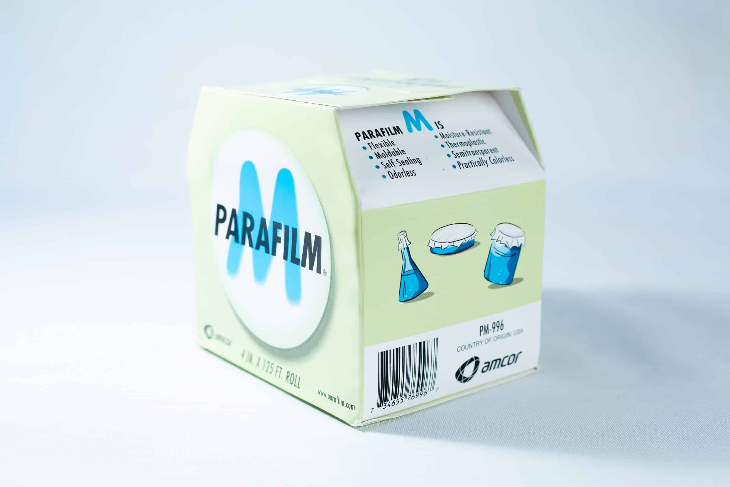 Parafilm Lab sealing film 1 A box of Parafilm Lab sealing film, shown with beakers sealed for secure and flexible laboratory use.