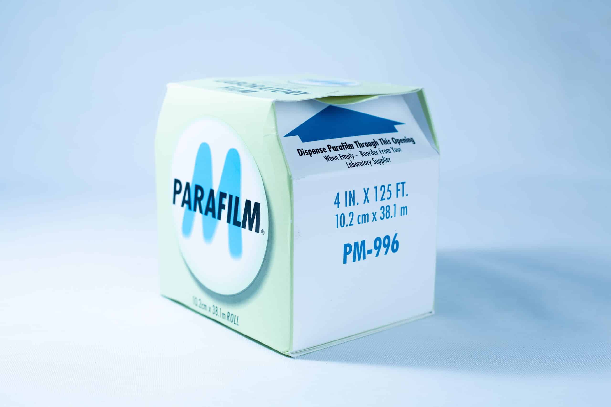 Parafilm Lab sealing film 4 A box of Parafilm Lab sealing film, 4 in. x 125 ft., is placed on a light blue background.