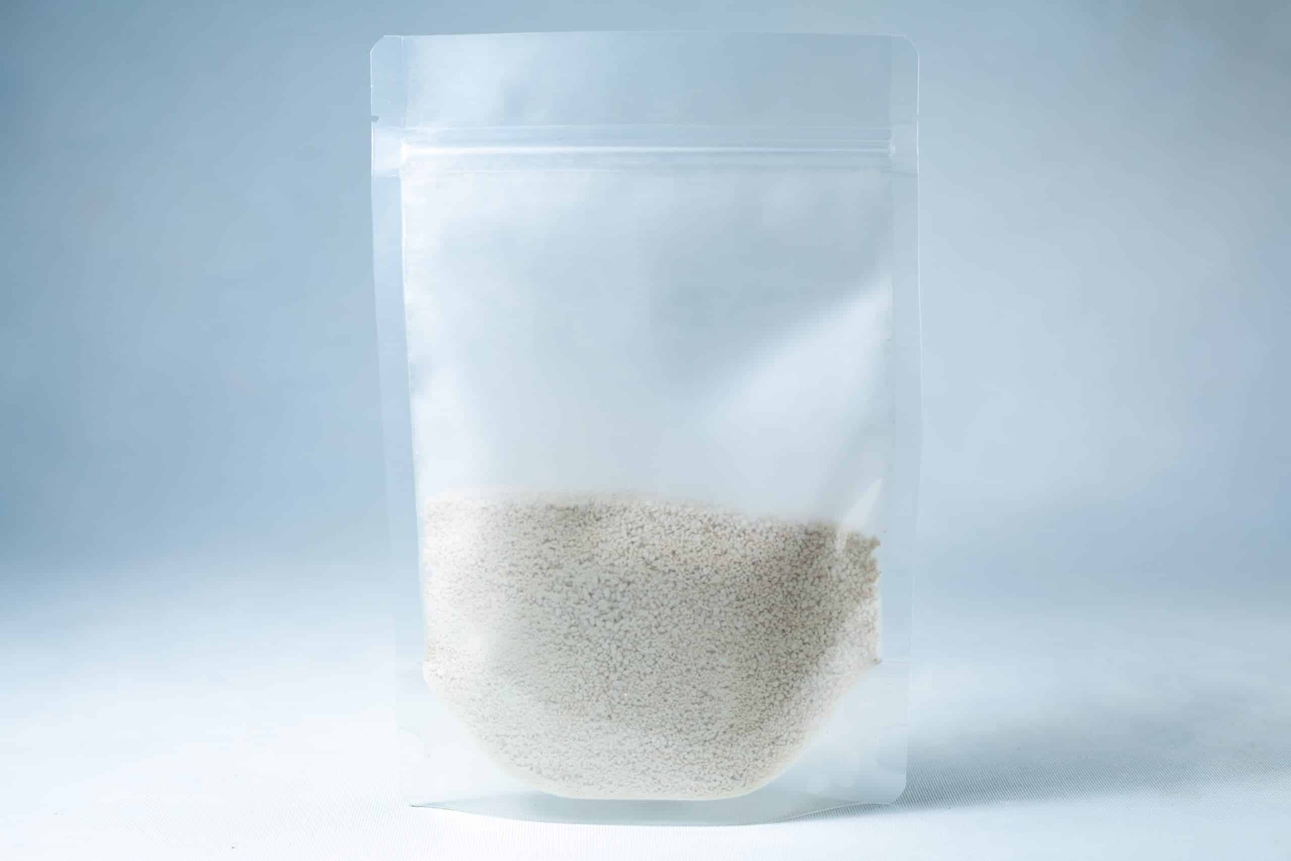 Potato Dextrose Agar powder -Lab Grade 1 A clear resealable plastic pouch containing Natural Gypsum coarse grade—white granules used as a mushroom supplement for grain and substrate—stands upright on a light background.