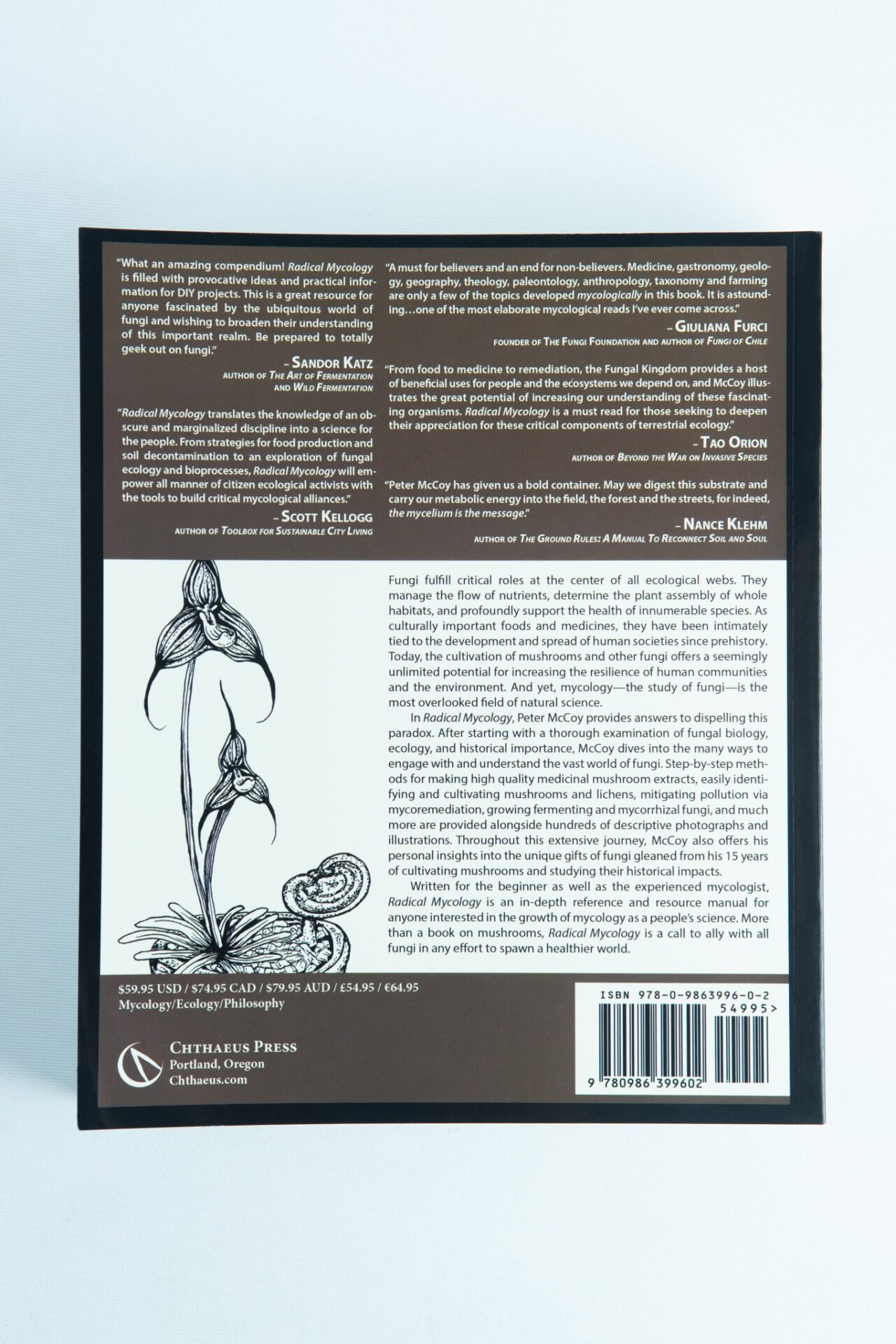Radical Mycology by Peter McCoy 2 The back cover of Radical Mycology by Peter McCoy displays text, reviews, a barcode, and a mushroom illustration.