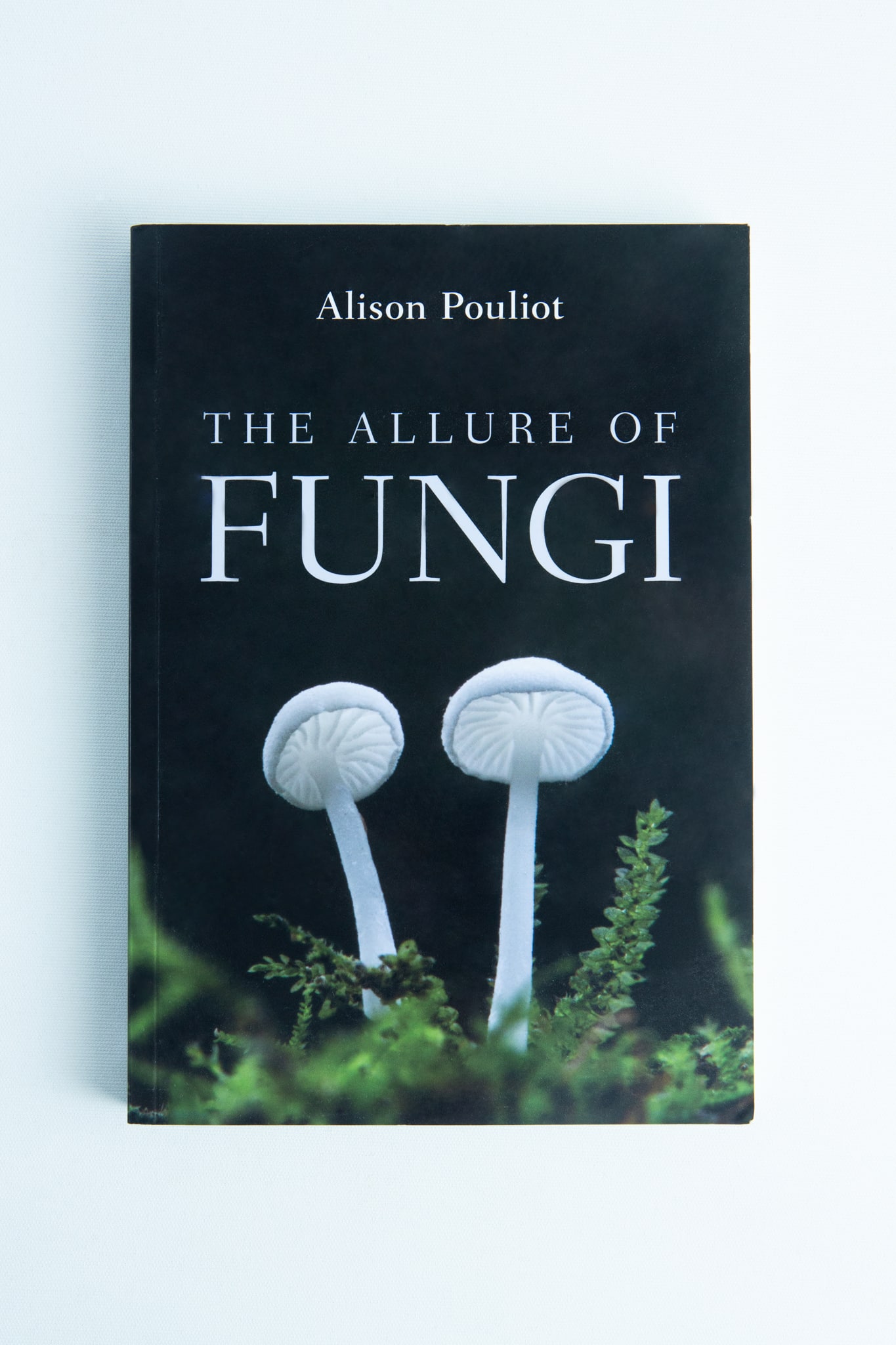 The allure of Fungi: Book by Alison Pouliot 1 Book cover of The allure of Fungi: Book by Alison Pouliot, depicting two white mushrooms and green moss.