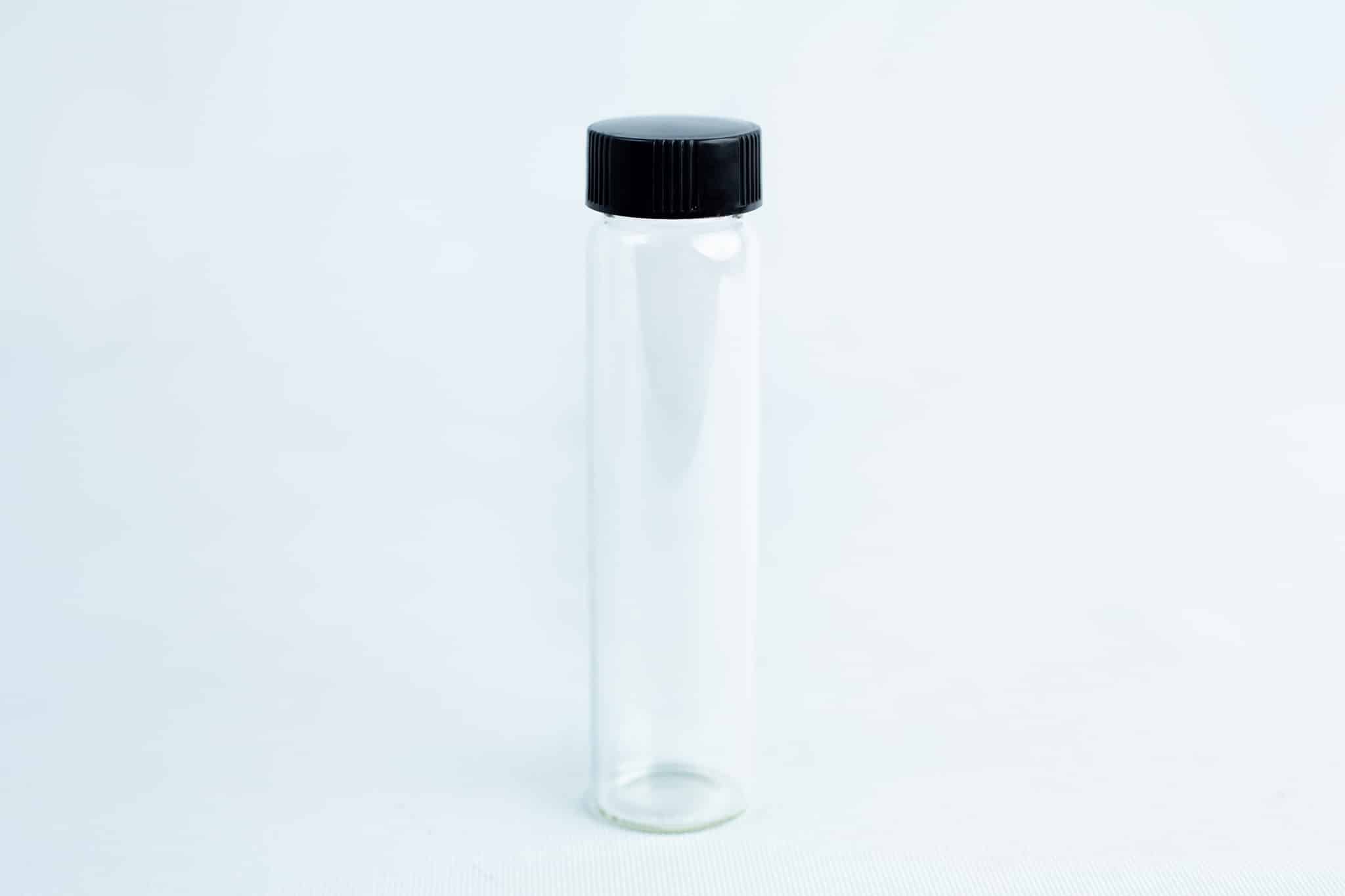 Clear Borosilicate Reagent Lab Glass bottle 50ml x 10pcs 1 Slants—replacement for agar petri-dish: clear glass vial with black screw cap, shown upright on a white background. Ideal for preparing and storing mushroom slants.