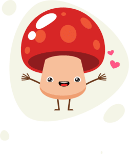 Mushroom Supplies-Darwin 1 Cute cartoon mushroom with a red cap, smiling with arms wide open and pink hearts nearby—perfect for fans of Mushroom Supplies Australia or anyone who loves collecting adorable mushroom growing supplies!.
