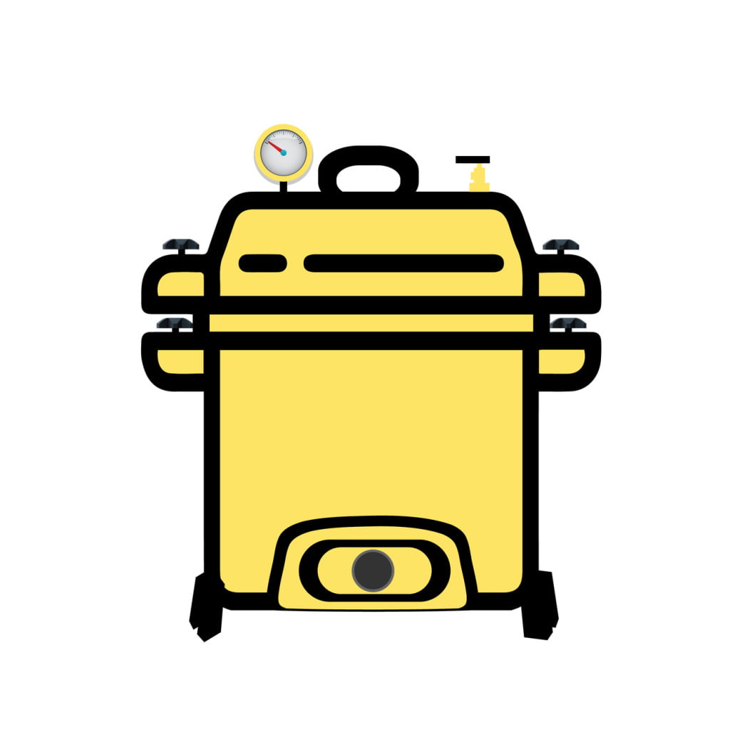 Yellow pressure cooker with a gauge, handles on the sides, and a knob at the bottom, on a white background.