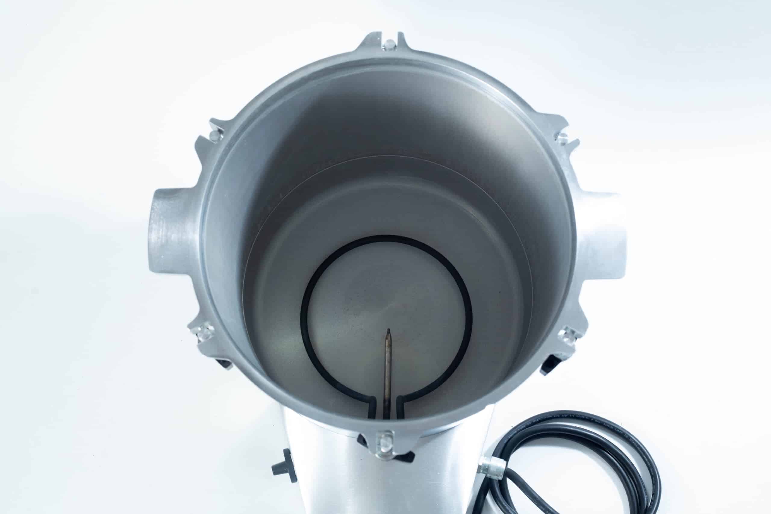 50x All American electric autoclave sterilizer 25 quart 7 Top-down view of an empty stainless steel brewing kettle with a heating element and attached power lead.
