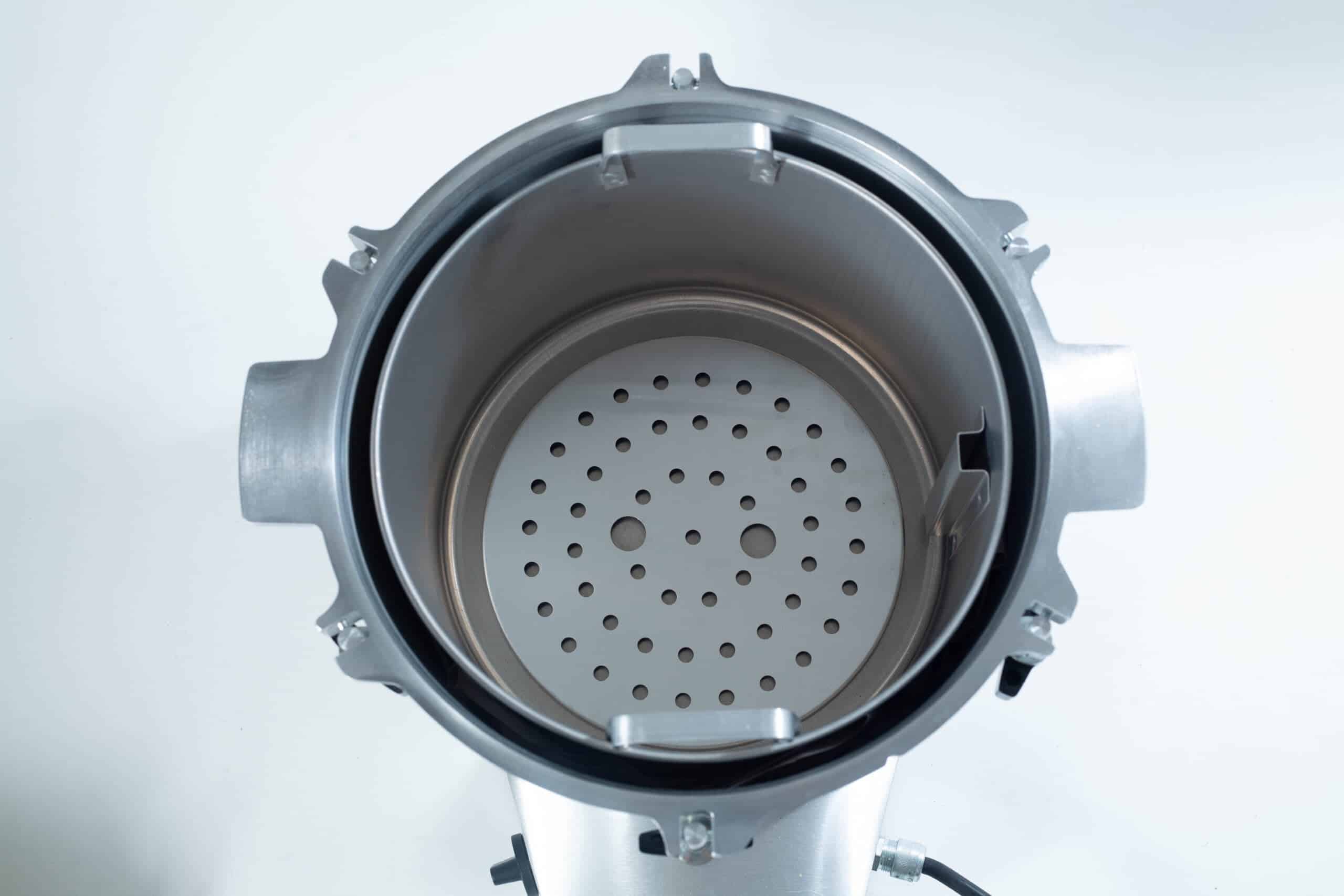 50x All American electric autoclave sterilizer 25 quart 5 Top view of an empty stainless steel steamer pot with a perforated insert.
