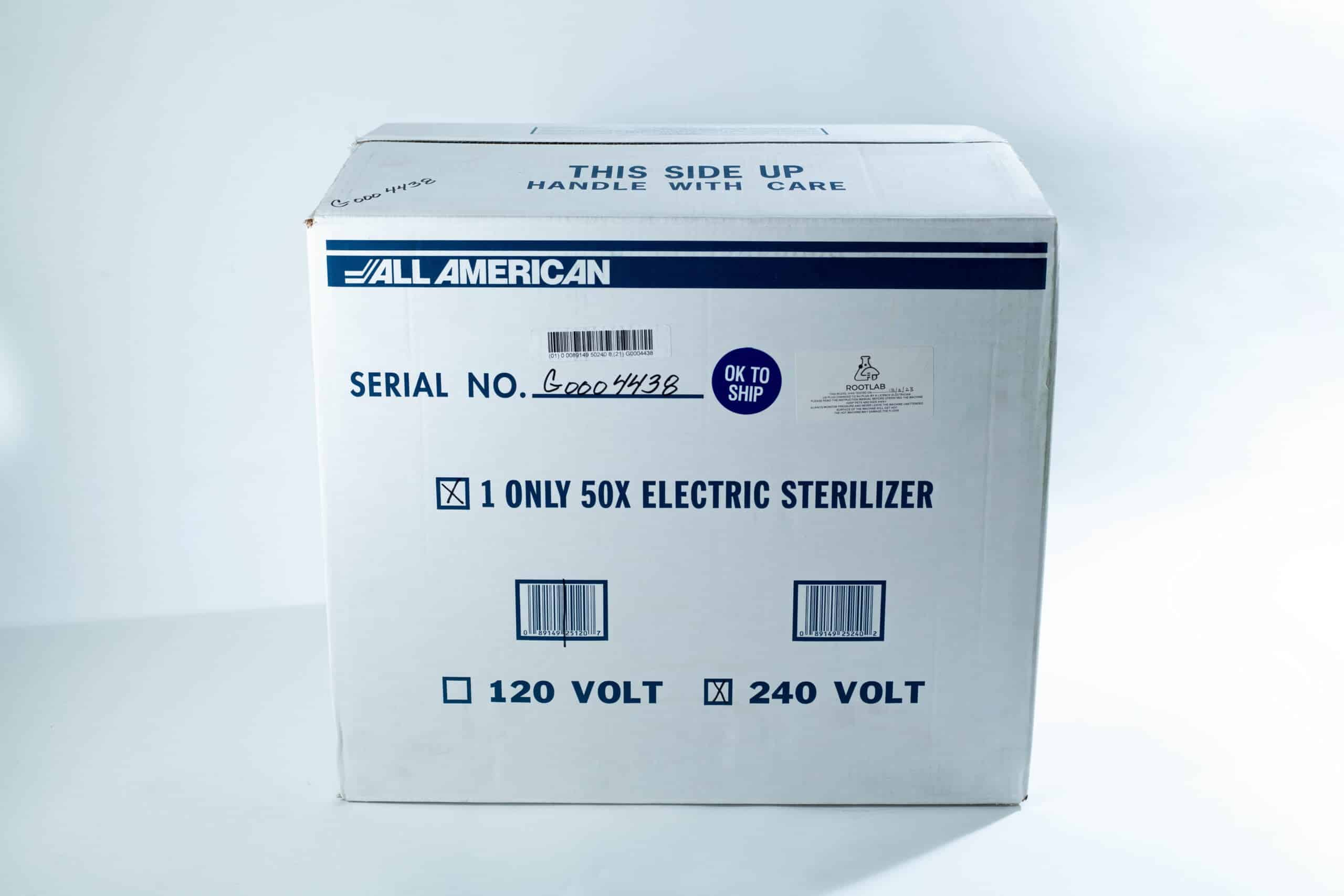 50x All American electric autoclave sterilizer 25 quart 10 White box labelled All American for a 50X electric steriliser, marked for shipping, with voltage options.