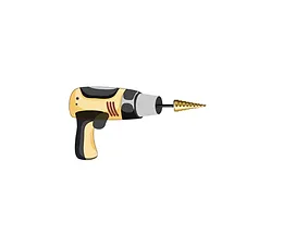 Illustration of a yellow and black power drill with a conical drill bit fitted.