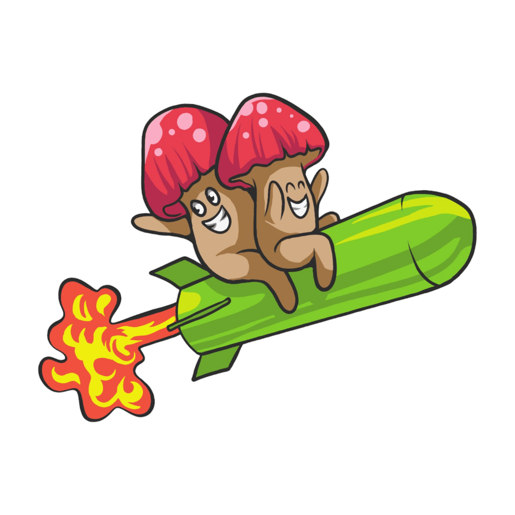 Two cartoon mushrooms with red caps ride a green rocket with flames, both smiling and waving. Discover more about us—Rootlab Australia, where creativity takes flight!.
