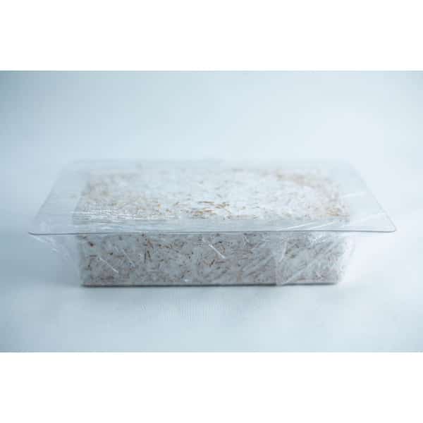 Rectangular container of white shredded material covered with clear plastic film against a plain background.