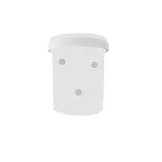 White plastic bucket with three holes on one side, against a plain white background.