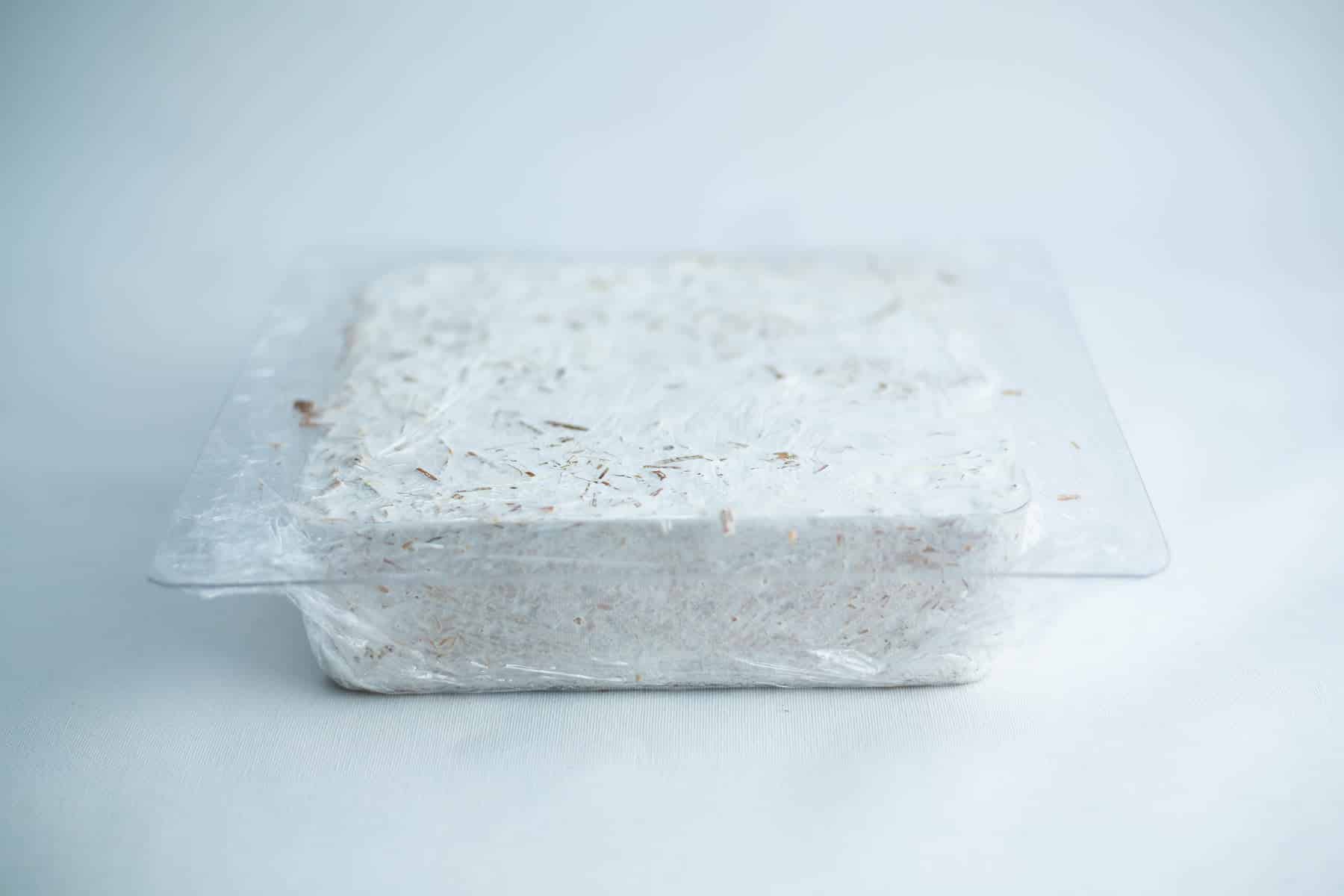 Hemp Substrate or Sawdust Substrate | Mycelium Growth Medium 8 A block of white, shredded material in a clear plastic container on a light background.