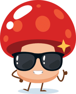 Smiling cartoon mushroom with a red cap, sunglasses, and a shiny star on its head, posing confidently—meet the fun mascot behind About Rootlab Australia!.