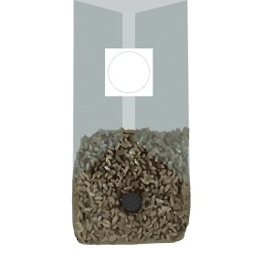 A transparent bag filled halfway with brown and tan sunflower seeds, with a circular white label.