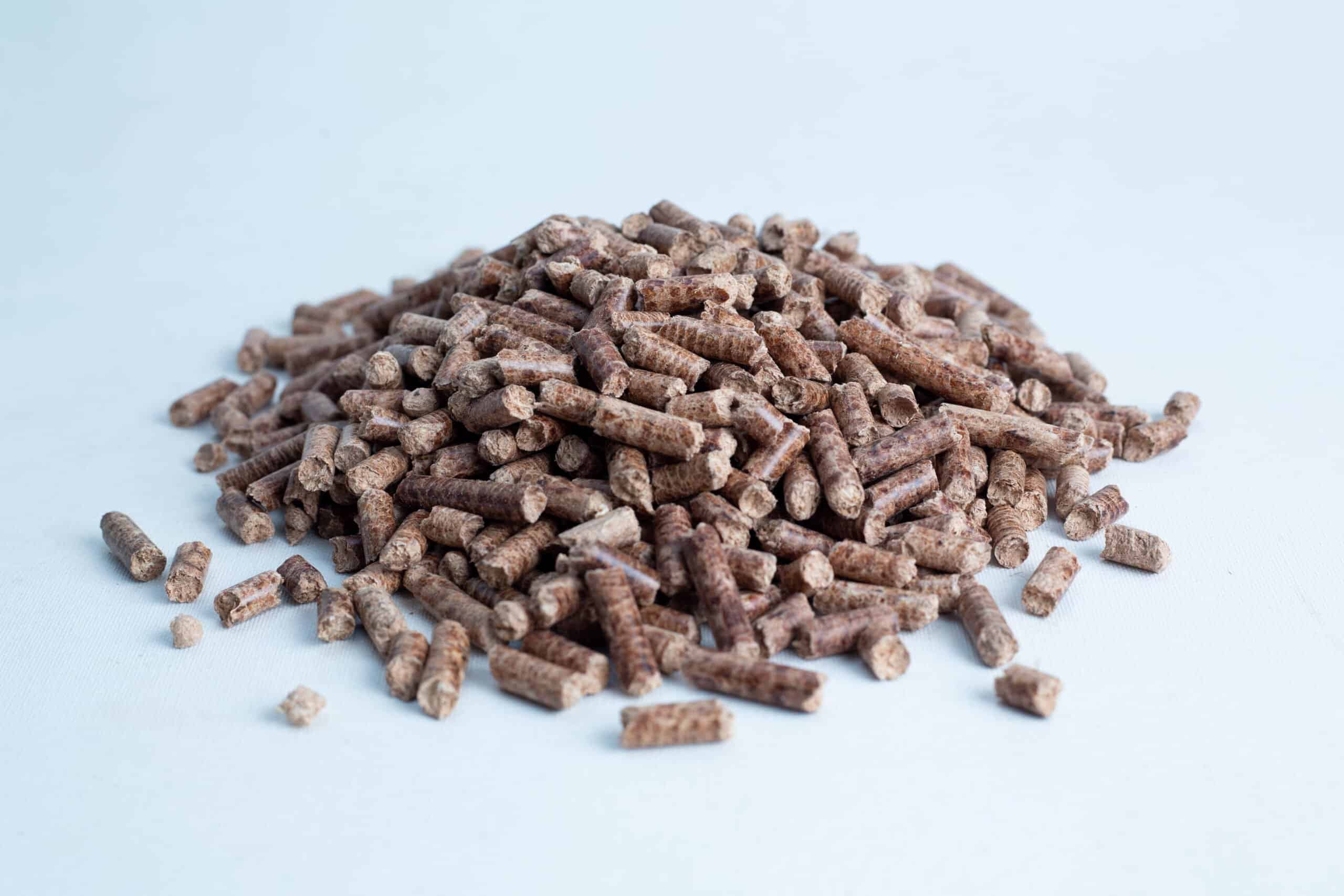 Hardwood Pellets for Mushrooms | Hardwood Fuel Pellets for Mushrooms 2 A pile of brown cylindrical wood pellets on a white surface.