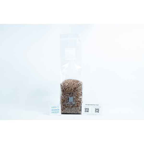 A clear bag of organic pre-sterilised rye grain for mushroom cultivation with injection port and air filter, plus two business cards in front—all on a white background.