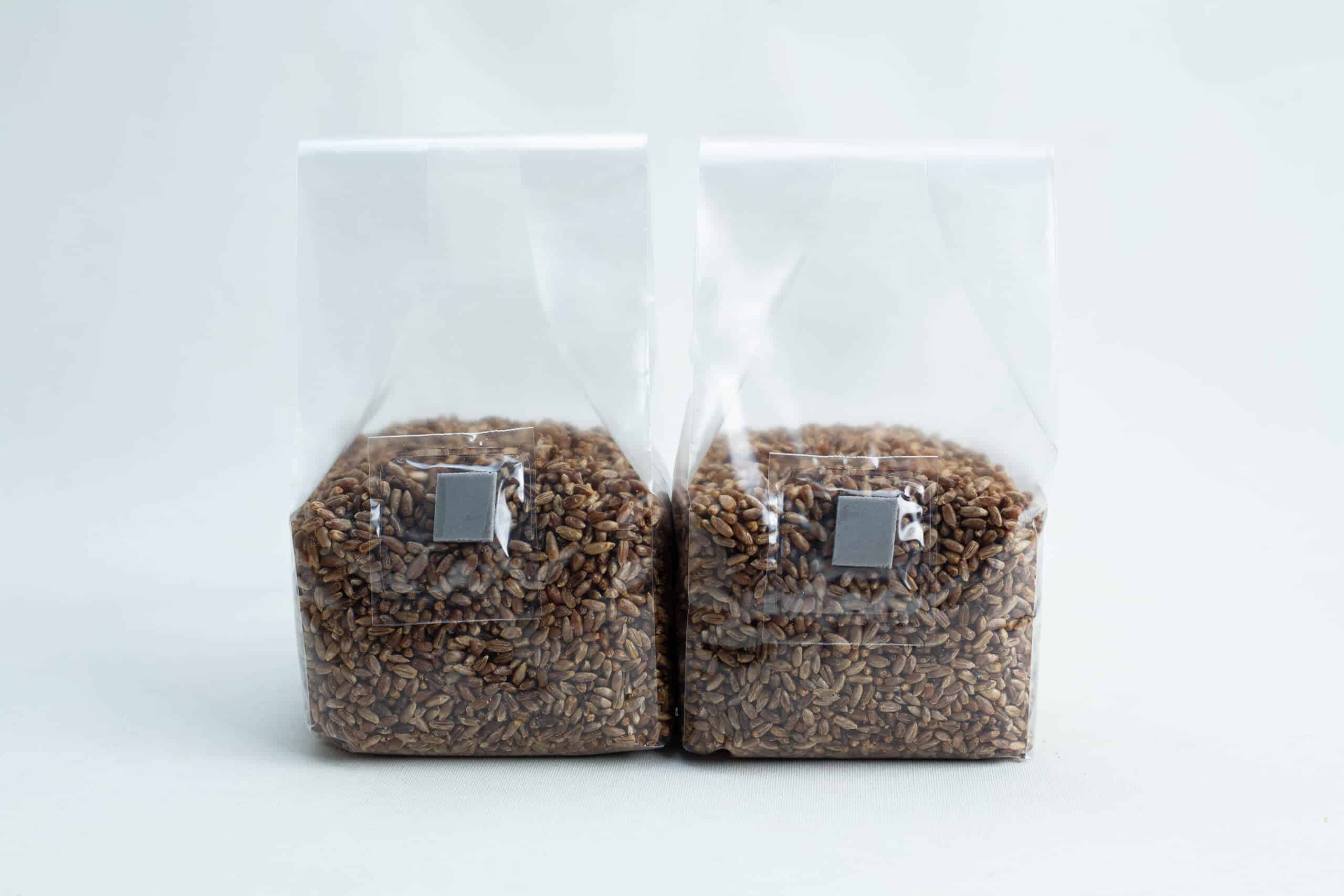 Rye grain organic Pre sterilized for mushroom cultivation w/inj port and air-filter 4 Two clear plastic bags filled with brown grains are placed side by side against a light background.