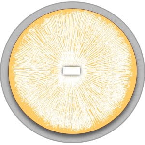 A circular pattern of white lines radiates from a central rectangle on a yellow and grey background.