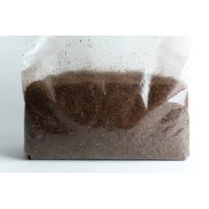 Clear plastic bag filled with brown ground coffee against a white background.