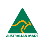 Green triangle with a yellow kangaroo outline and the text AUSTRALIAN MADE below it.
