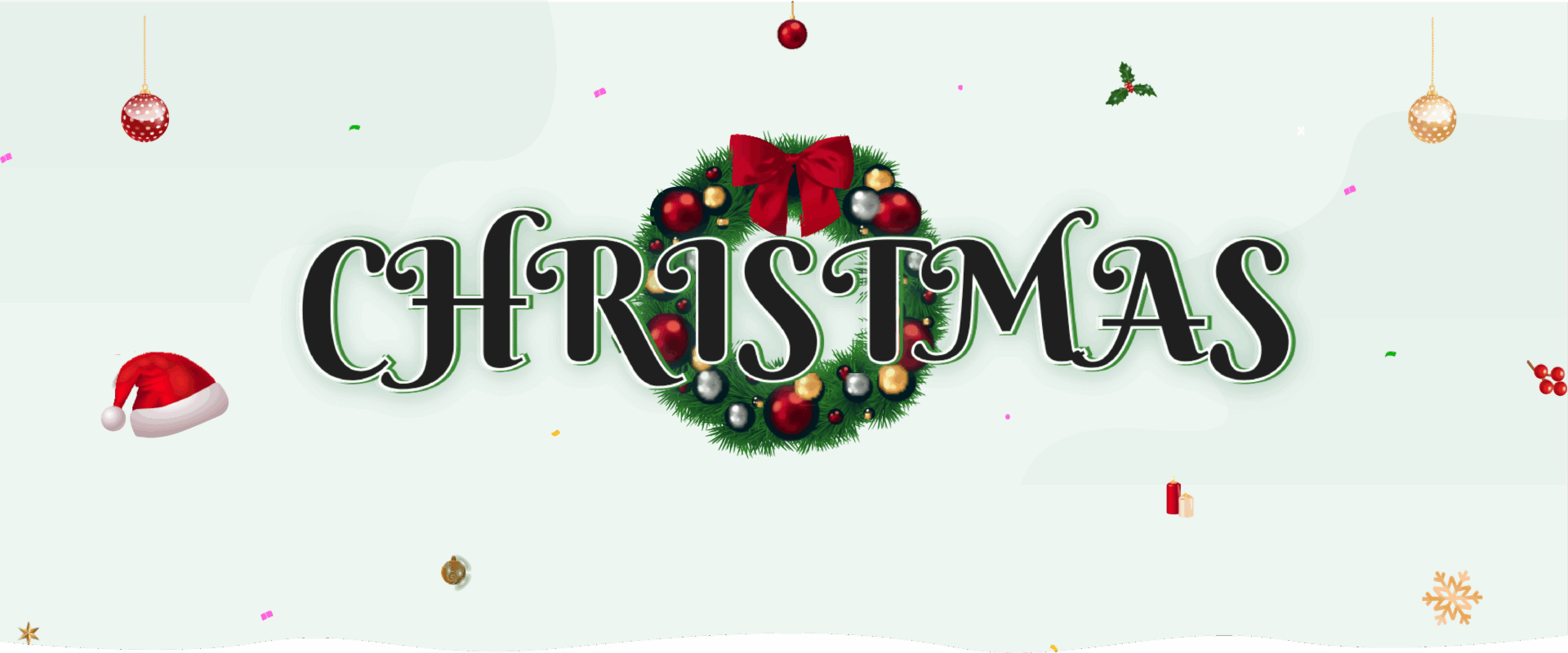 The word CHRISTMAS with a wreath as the letter I and festive decorations around it.