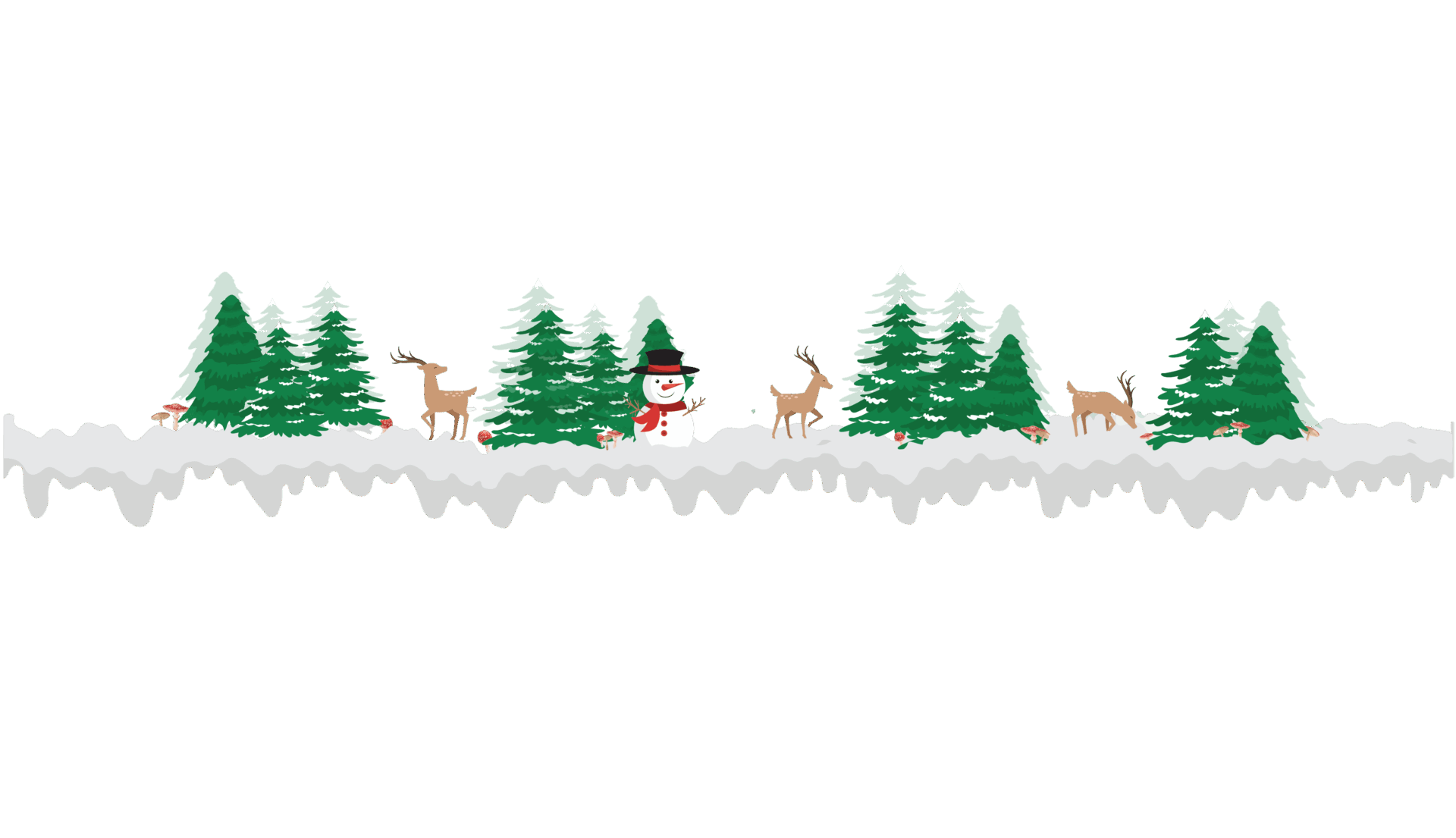 A snowman, deer, and trees stand on snowy ground in a winter forest scene.