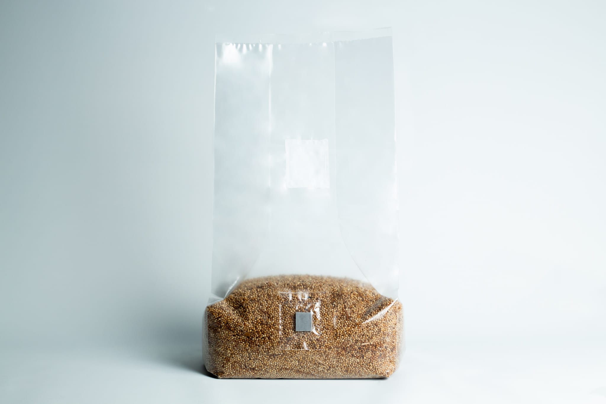 Millet pre sterilized mushroom grains w/inj port and digital instructions 9 A clear plastic bag filled with brown sugar sits on a plain white background.