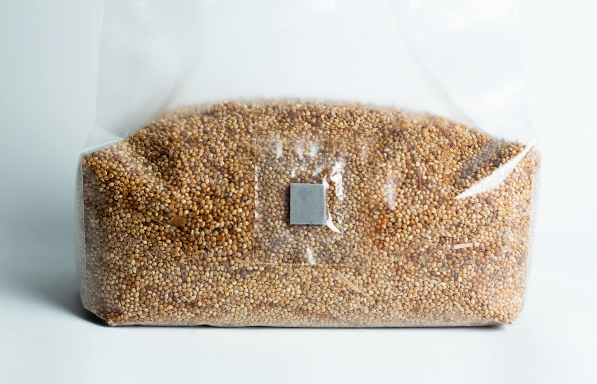Millet pre sterilized mushroom grains w/inj port and digital instructions 8 A clear plastic bag filled with quinoa grains, sealed and resting on a white surface.