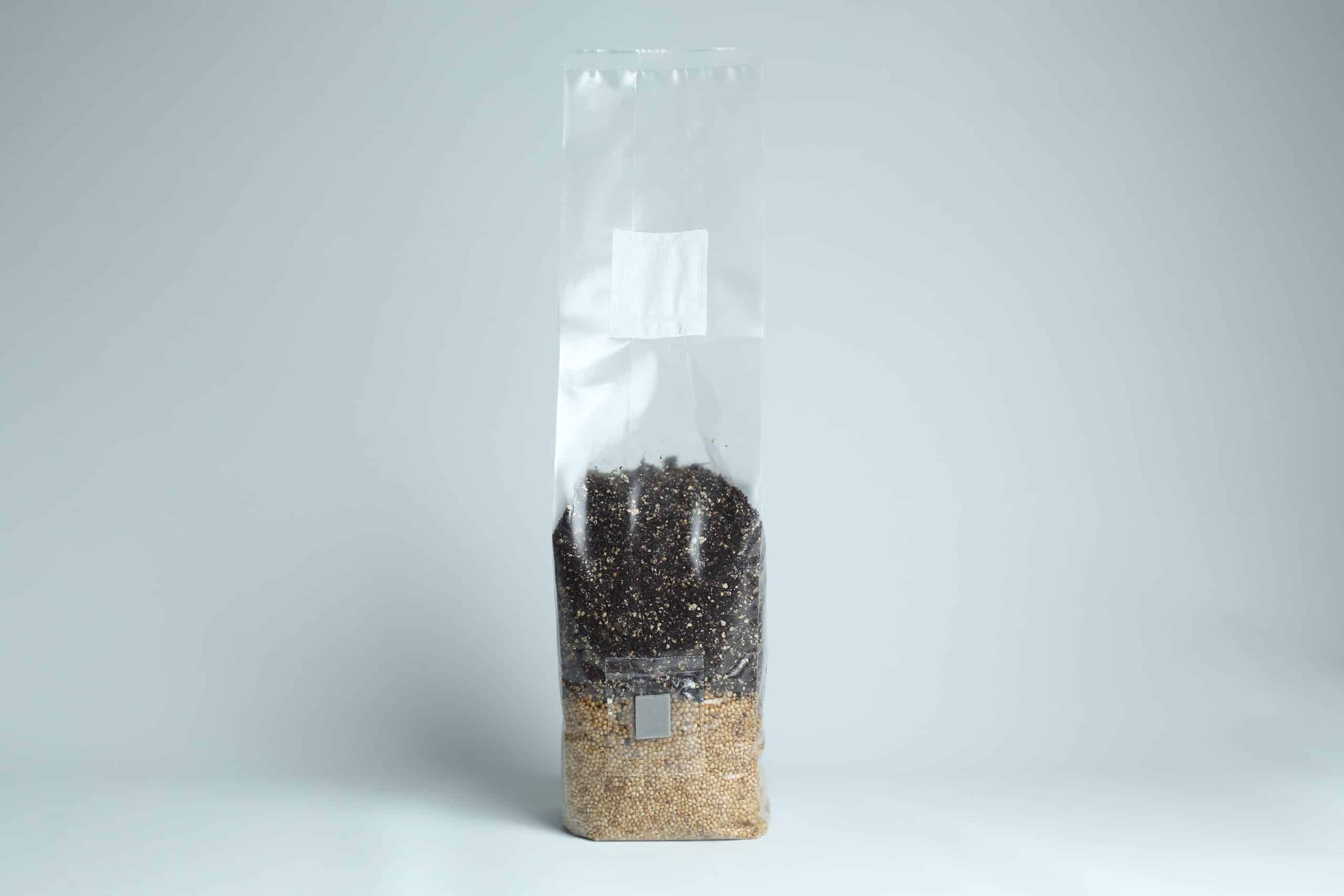 All in one Coco Coir+Vermiculite | organic rye | Millet | 1kg | 2kg Mushroom bag | Instruction 2 Clear plastic bag filled halfway with mixed grains and seeds, standing upright on a plain background.