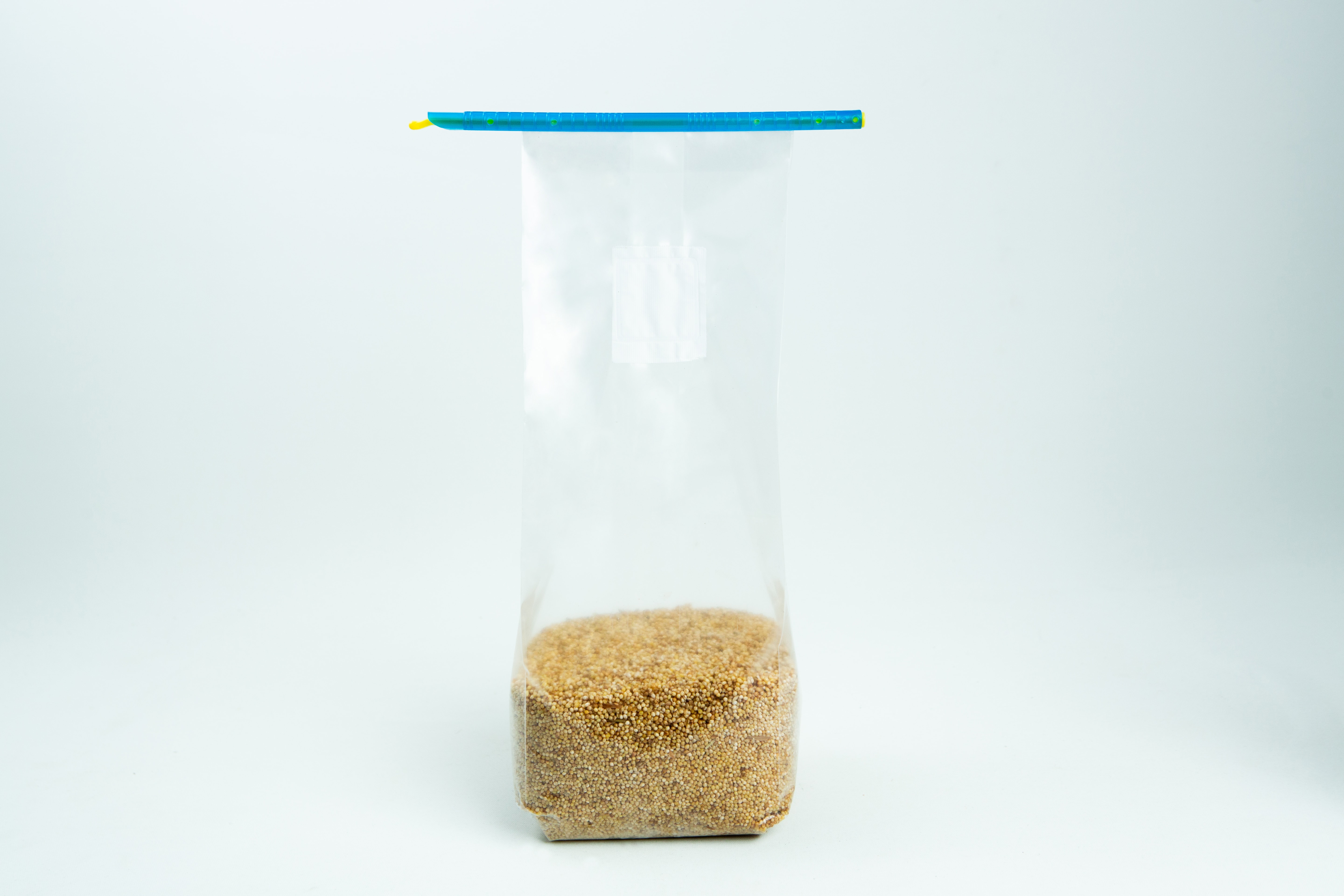 Mushroom bag sealing clip | Reusable 4 A clear plastic zip bag partially filled with brown granulated sugar, standing upright on a white background.