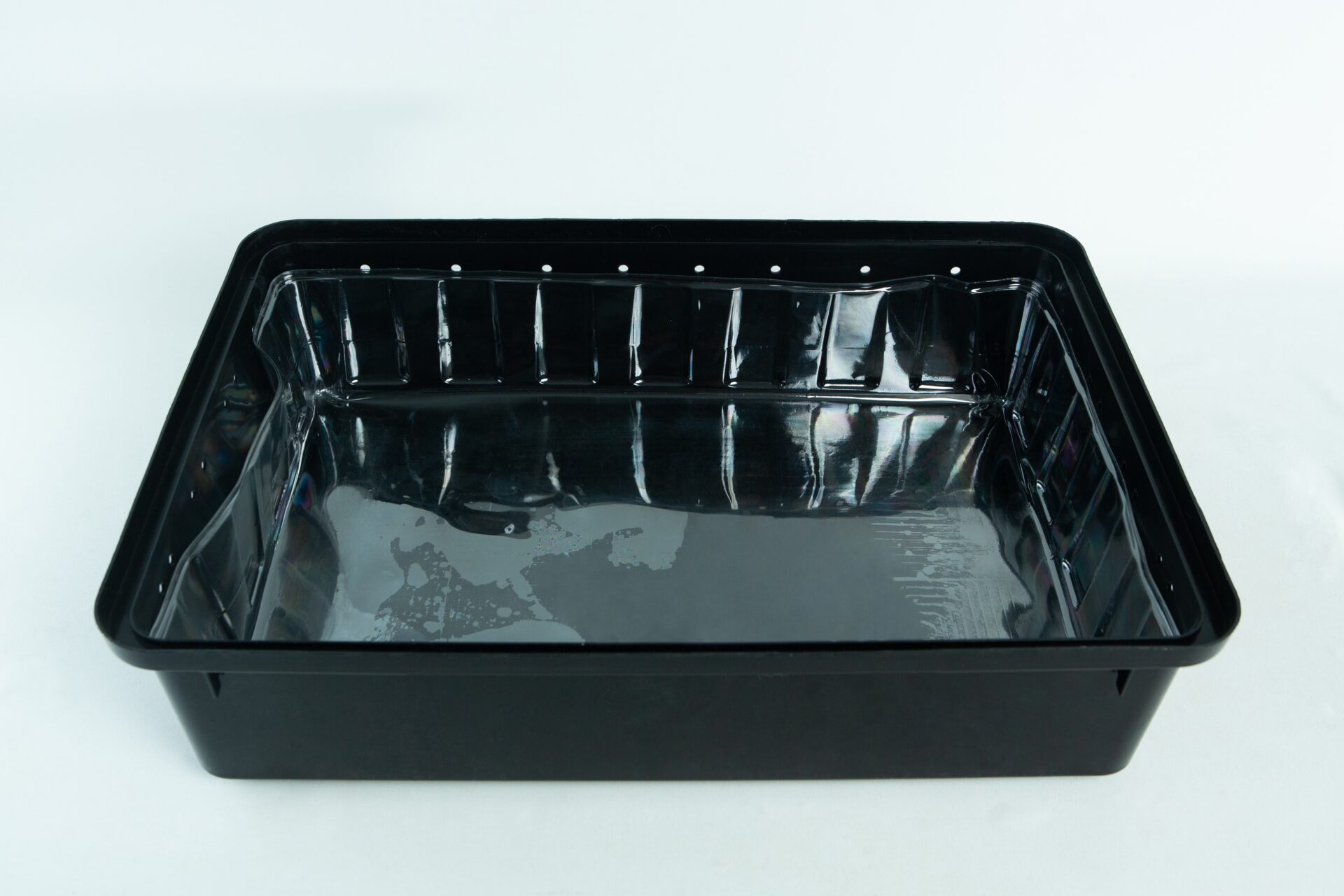 Monotub kit for Growing mushrooms- Max Yield Bins 7 A black, rectangular plastic tray with a glossy finish on a white background.