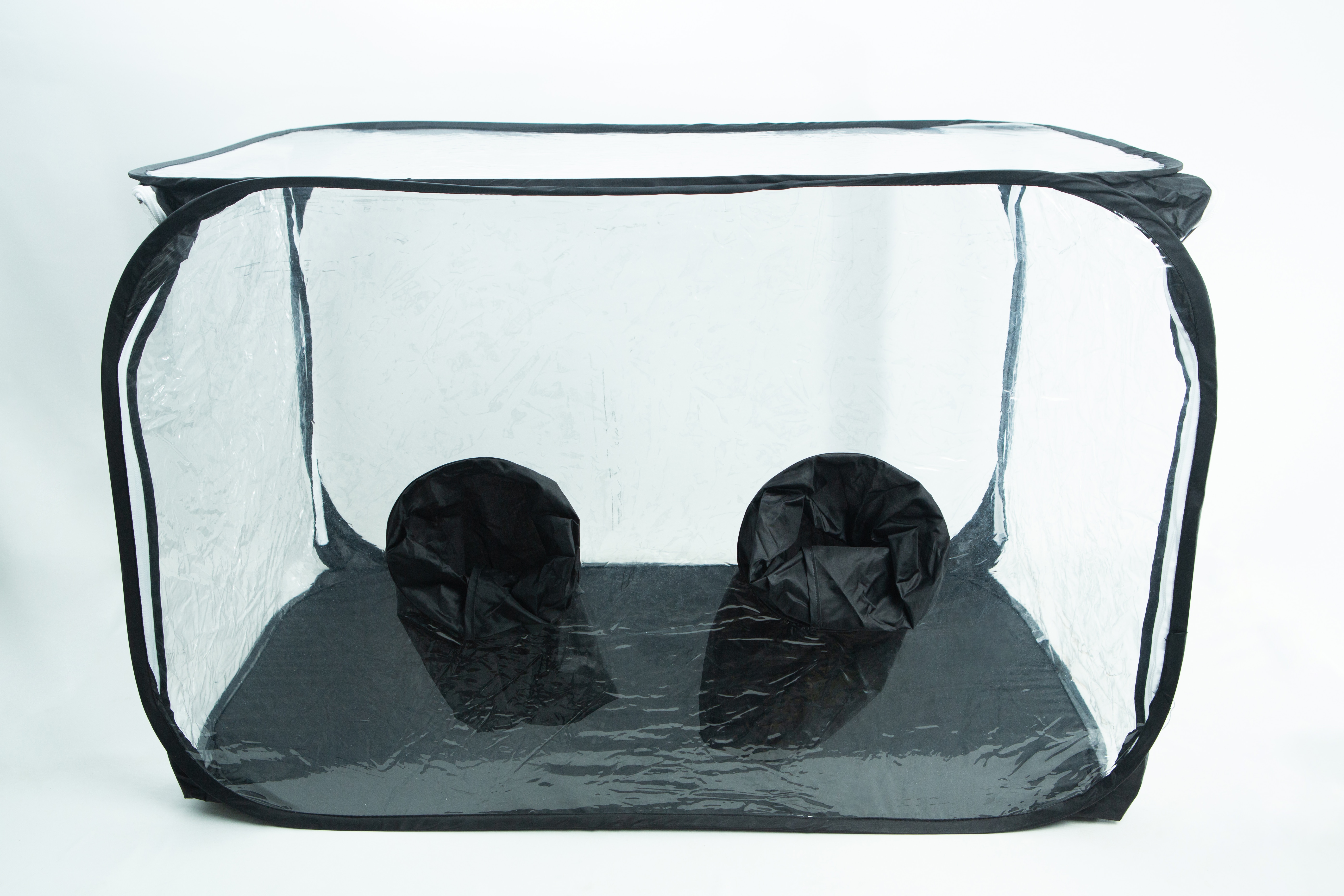 Still Air Box (SAB)| Mushroom | Large | Pop up 1 Clear pop-up box with two black fabric sleeves on the bottom panel, used for handling items inside safely.
